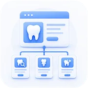 Dental service page structure icon showing a dental website layout connected to organized treatment service cards