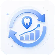 Ongoing dental marketing growth optimization icon showing monthly improvements, upward trend, and optimization loop